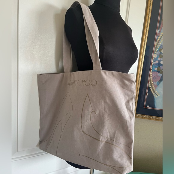 Jimmy Choo Canvas & Gold Hardware Logo Tote Bag Natural - Picture 2 of 5